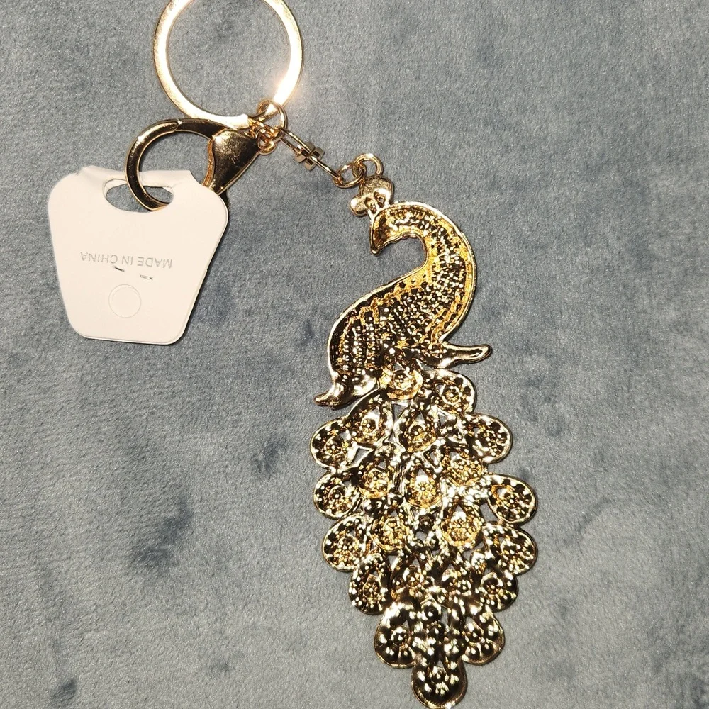 MultiColor Peacock with Gold Accents Bag Charm Keychain - Picture 3 of 4